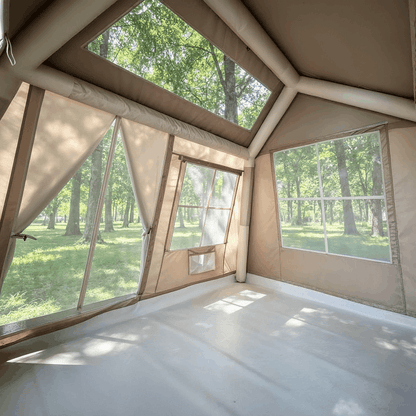 Tente gonflable chalet beige 4 places – 7 m², fenêtre de toit