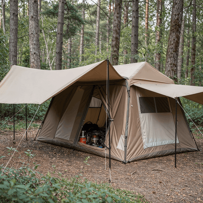 Tente gonflable chalet beige 4 places – 7 m², fenêtre de toit