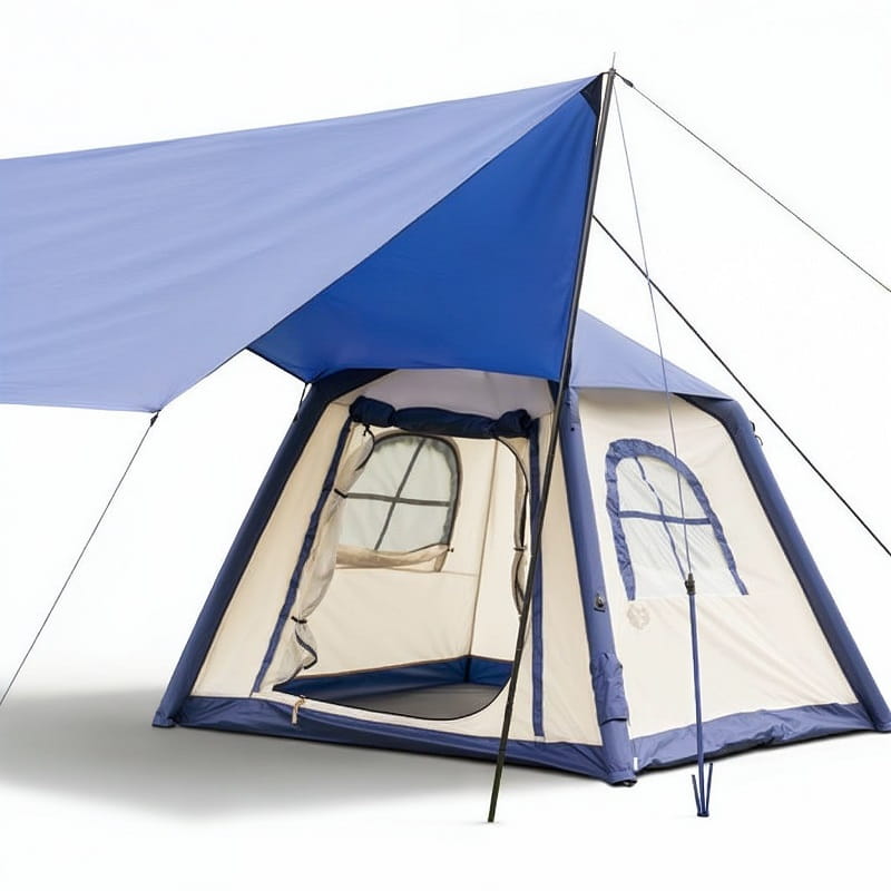 tente gonflable bleue et blanche avec auvent déployé sur fond blanc