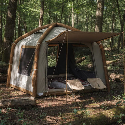 Tente gonflable automatique installée en forêt