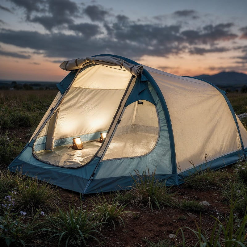 tente gonflable bleue et blanche installée en pleine nature au crépuscule avec lanternes allumées à l'intérieur