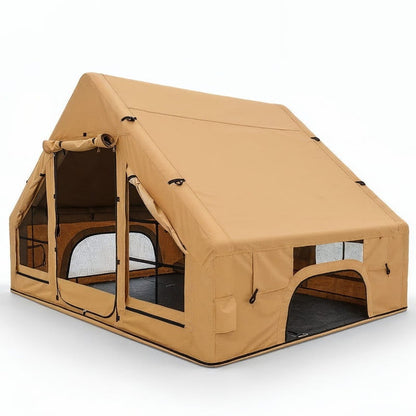 vue de trois quarts de la tente gonflable cabanon avec fenêtre croisillons sur fond blanc