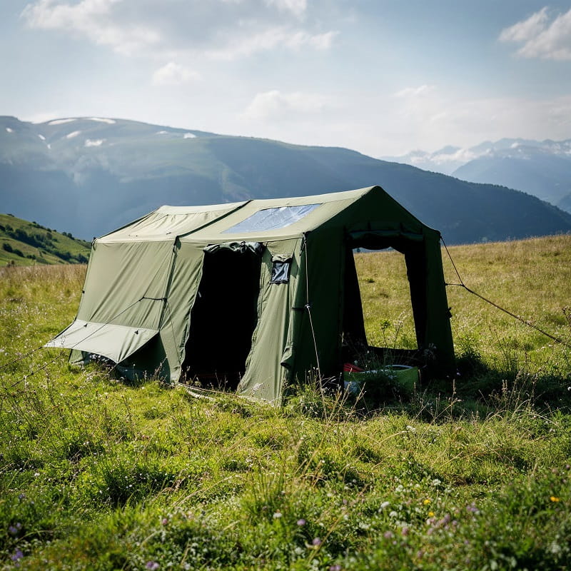 tente gonflable kaki 8 places installée en pleine montagne avec porche ouvert