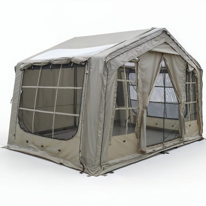 Vue rapprochée de la tente gonflable glamping montrant l'entrée et les fenêtres