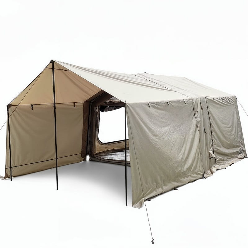 Tente gonflable glamping avec auvent déployé et toile latérale relevée