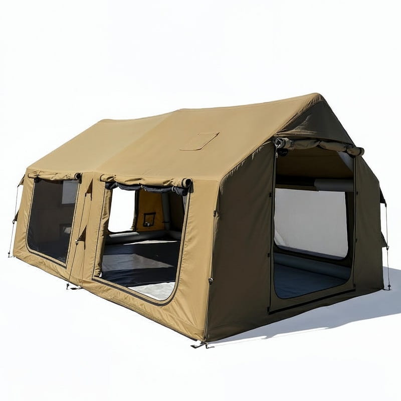 tente gonflable marron clair vue de trois quarts sur fond blanc