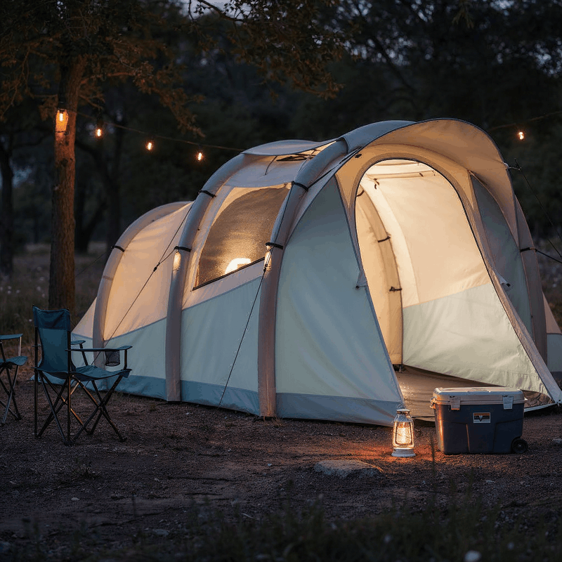 Tente gonflable bicolore bleu installée en camping de nuit