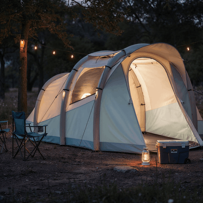 Tente gonflable bicolore bleu installée en camping de nuit