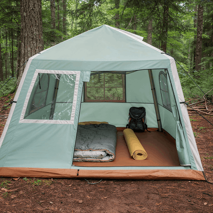 Tente gonflable vert sauge installée en camping