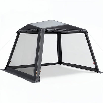 tente tonnelle gonflable grise avec parois en toile anti-moustique sur fond blanc